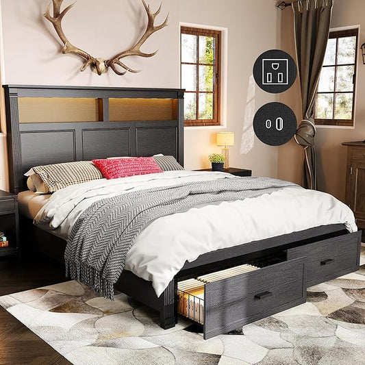 53" Tall Queen Bed Frame with Headboard and Storage, 2 Drawers and LED Built in Charging Station Bed Frame Queen Size with Farmhouse Roman Column Decoration,No Box Spring Needed (Black)