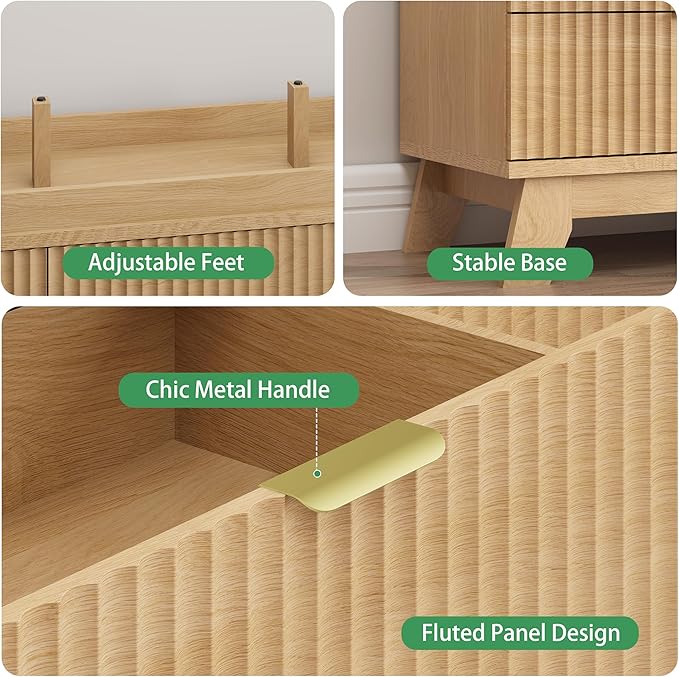 Fluted Dresser for Bedroom with 12 Drawers, 57" Wide Modern Chest of Drawers with Metal Handle, Wooden Dresser TV Stand, Wood Closet Clothes Storage Organizer for Living Room, Hallway, Natural Oak