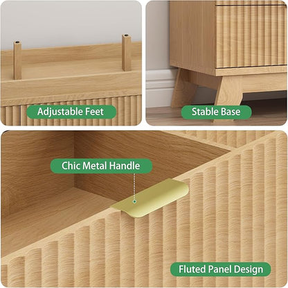 Fluted Dresser for Bedroom with 12 Drawers, 57" Wide Modern Chest of Drawers with Metal Handle, Wooden Dresser TV Stand, Wood Closet Clothes Storage Organizer for Living Room, Hallway, Natural Oak