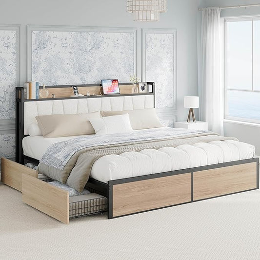 LIKIMIO King Bed Frame with 4 Storage Drawers, Platform Bed with Charged Headboard, Sturdy and Stable, No Noise, No Box Spring Needed, Easy to Install, Wood and Cream