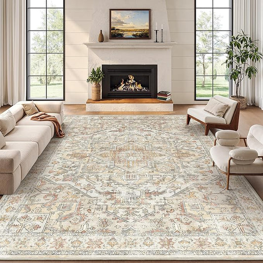 zesthome 8x10 Area Rugs - Stain Resistant Washable Rug for Living Room, Non-Slip Backing Large Area Rug with Ultra-Thin Low Pile for Bedroom, Vintage Home Decor