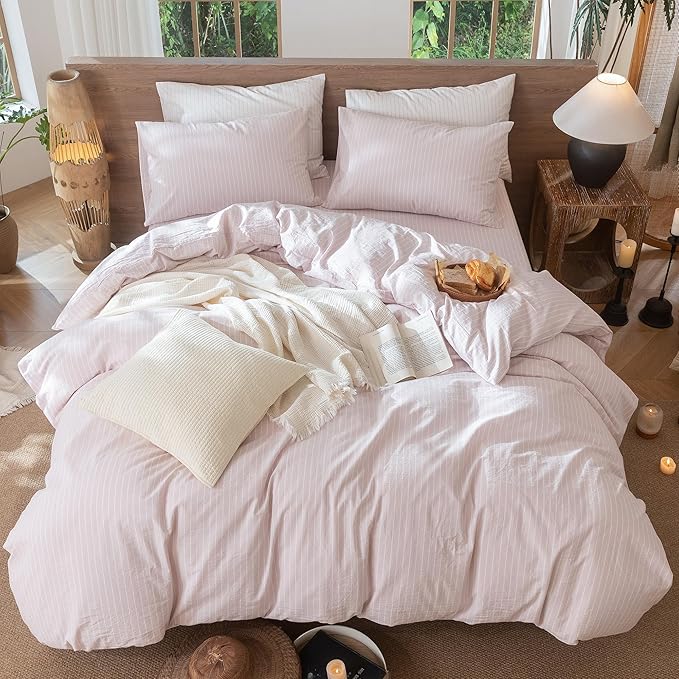MooMee Striped Duvet Cover Set 100% Washed Cotton Linen Like Textured Breathable Durable Soft Comfy (Heathered Greyish Pink White Wide Stripes, Palatial King/Oversized King 120"x98")