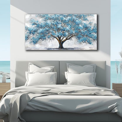 JuhaiArt Teal Wall Decor Tree Wall Art for Living Room Bedroom Home Office White Canvas Picture 24" x 48" modern Prints Art