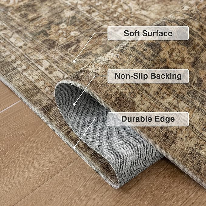 FMFUNCTEX 2x14 Runner Rug Brown Washable Vintage Neutral Distressed Non Slip Low Pile Indoor Carpet Retro Floral Hallway Entryway Rug for Kitchen Living Room Bedroom Bathroom Laundry Entry Bedside