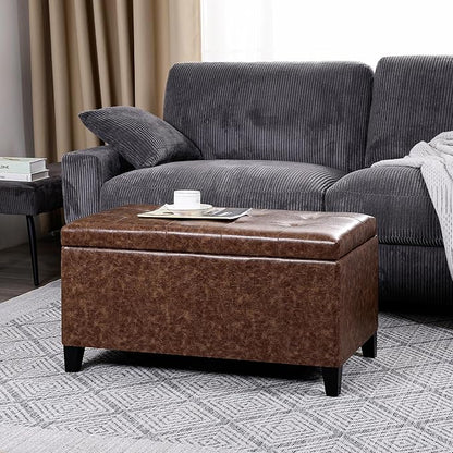 Asense Storage Ottoman Bench, Faux Leather Upholstered End of Bed Bench with Safety Hinge Wooden Legs, for Entryway Bedroom