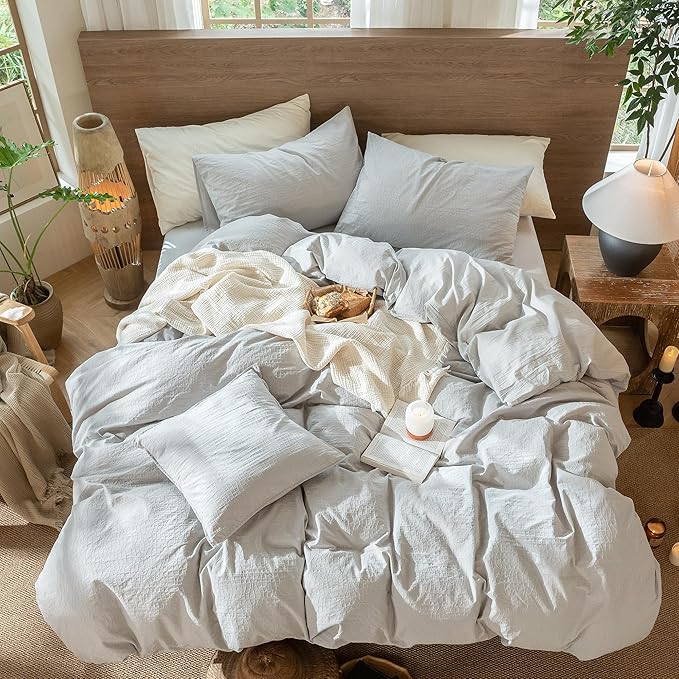 MooMee Wavy Striped Duvet Cover Set 100% Washed Cotton Linen Like Textured Breathable Durable Soft Comfy (Light Grey, Full 80"x90")