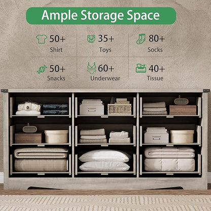 Dresser for Bedroom with 9 Drawers, 63" Wide Wood Chest of Drawers with Deep Drawers & Mental Handle, Modern Dresser TV Stand, Wooden Closet Storage Organizer for Living Room, Hallway, Entryway, Grey