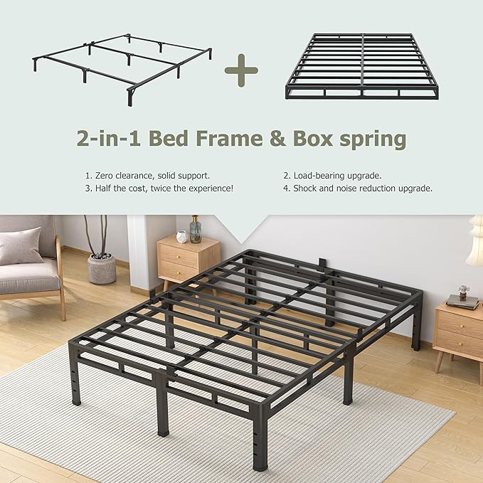 NKZ California King Bed Frame 14 Inch, Metal Bed Frame & Box Spring 2 in 1 Platform with Round Corner Legs, 4000lbs Weight Capacity Reinforced Metal Frame, Headboard Hole, Noise-Free, Easy Assembly