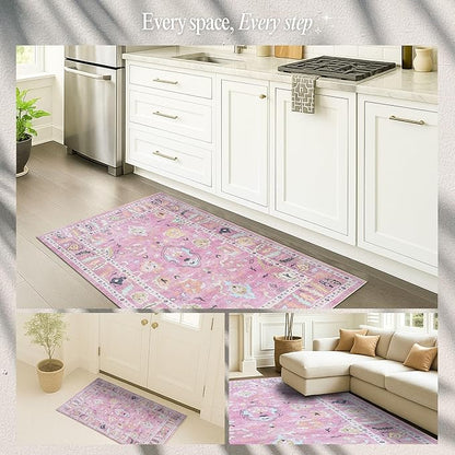 Fame Rugs Pink Modern Oushak Rug 2x3, Vintage Doormat Turkish Colorful Oriental Antique Inspired Washable Small Area Rug, Luxury Living Room Bedroom (995PP, 2' x 3')