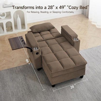 41.7" Chaise Lounge Chair Indoor, Oversized Boucle Upholstered Sofa Bed, Adjustable Backrest Deep Seat Reading Chair, Sofas Couches for Living Room with Storage, Cup Holders & 360° Swivel Side Table