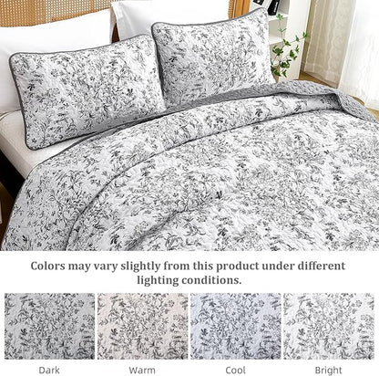 WONGS BEDDING Quilt King Size, Grey Quilt Bedding Set with 2 Pillowcases, Botanical Quilt for King Bed, Soft Microfiber Lightweight Coverlet Bedspread for All Season (110"×90", 3 Pieces)