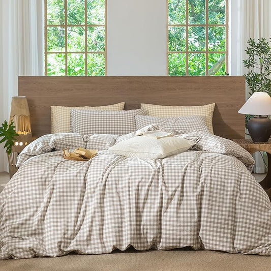 MooMee Gingham Duvet Cover Set 100% Washed Cotton Linen Like Textured Breathable Durable Soft Comfy Modern Checkered Design (Tannish Linen Grey Gingham, Cal King 104"x98")