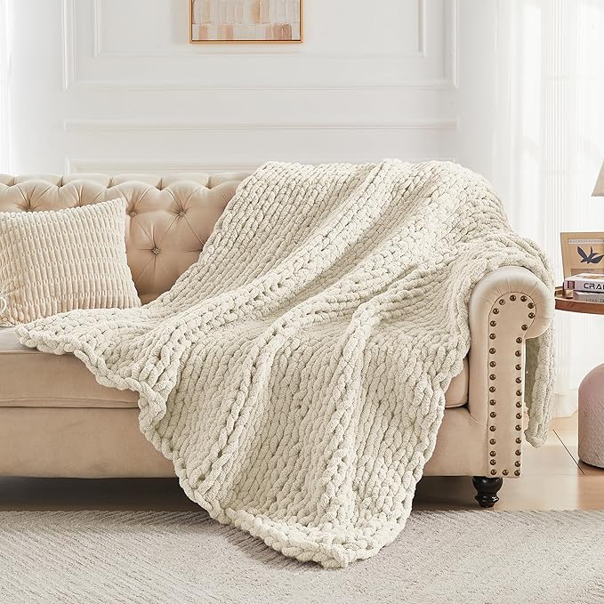 Carriediosa Chunky Knit Throw Blanket 50" X 60", 100% Hand Made Large Chenille Loop Yarn Soft Fluffy Throws for Couch Sofa Bed, Big Crochet Cozy Heavy Thick Cable Woven Blanket, Light Beige