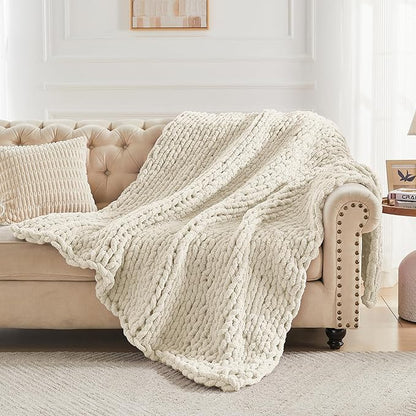 Carriediosa Chunky Knit Throw Blanket 50" X 60", 100% Hand Made Large Chenille Loop Yarn Soft Fluffy Throws for Couch Sofa Bed, Big Crochet Cozy Heavy Thick Cable Woven Blanket, Light Beige