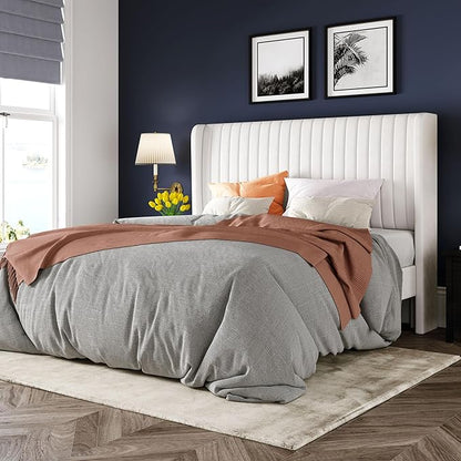 Allewie Queen Size Velvet Bed Frame/Vertical Channel Tufted Wingback Headboard/Upholstered Platform Bed/Strong Wooden Slats/No Box Spring Needed/Easy Assembly/White