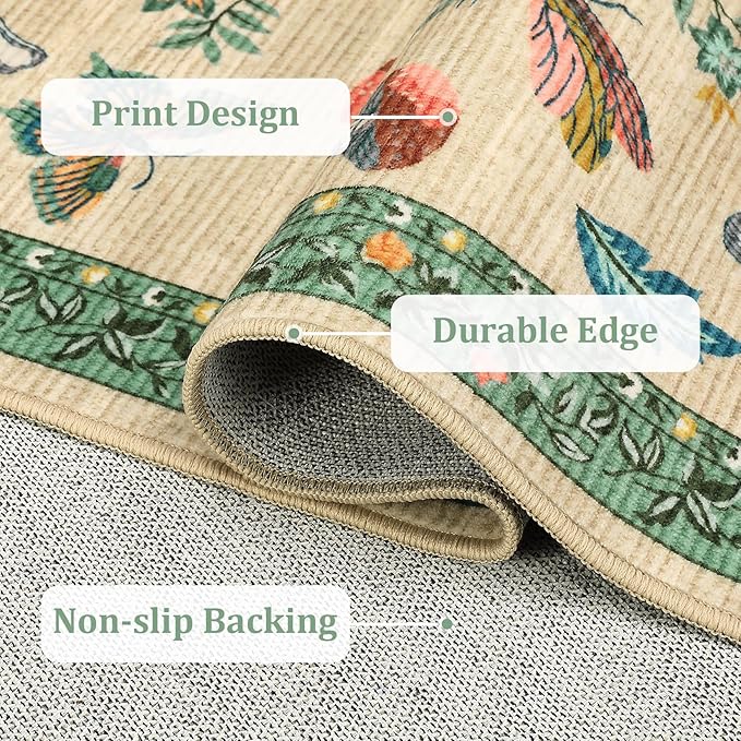 Mushroom Washable Area Rug 6x9 Rugs for Living Room Soft Low-Pile Stain Resistant Thin Carpet for Bedroom Dining Nursery Non Slip Mat with Rubber Khaki Green