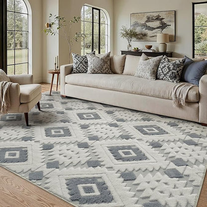 Ivory Grey 4x6 Area Rug Washable Moroccan Shag Office Carpet Non Slip Soft Neutral Boho Floor Mat Plush Pile Throw Rug for Entryway Kitchen Dining Room Bedroom Living Room