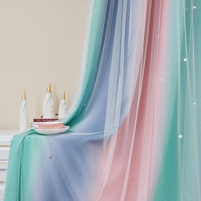 XiDi Curtains for Bedroom Decor, Rainbow Pinkgreen grey52/96