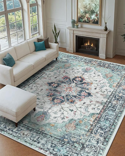 Area Rugs 9'x12' Washable Non-Slip, Floral Vintage Distress Print Pattern Medallion Carpet for Living Room Bedroom Dining Room, Green Navy Blue White Red Teal Colorful