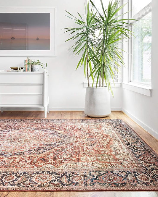 Loloi Layla Collection LAY-08 Red/Navy 3'-6" x 5'-6" .13" Thick Accent Rug, Soft, Durable, Vintage Inspired, Distressed, Low Pile, Non-Shedding, Easy Clean, Printed, Living Room Rug