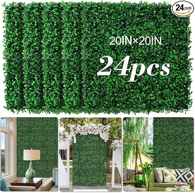 AOKIE 20"X20" Artificial Grass Wall, 24Pcs Boxwood Hedge Wall Panels UV-Anti Grass Backdrop Wall Decor, Greenery Privacy Hedge Screen for Indoor Outdoor Patio Balcony, Party Garden Fence Decor
