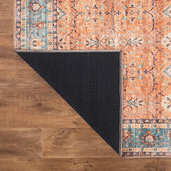 Bloom Rugs Washable Non-Slip 5' x 7' Rug - Orange/Teal Blue Traditional Bordered Area Rug for Living Room, Bedroom, Dining Room, and Kitchen - Exact Size: 5' x 7'