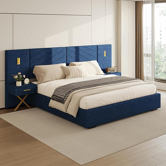 DEINPPA Luxury King Bed Frame with Built-in Gold LED Lights and Nightstands, King Size Platform Bed with Oversize Upholstered Headboard, No Box Spring Needed-Royal Blue