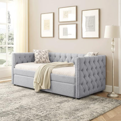 Antetek Daybed with Trundle, Upgraded Linen Upholstered Twin Size Day Bed Button-Tufted Sofa Daybed Frame with A Trundle,No Box Spring Needed,Furniture for Bedroom Living Room (Light Grey, Twin)