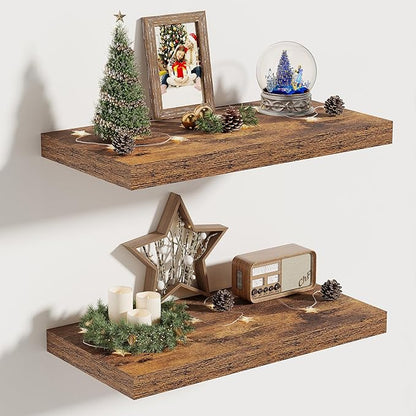 Vivelove 10 Inch Deep Floating Shelves 16 inch Long, 16 x 10 Wide Wall Shelves with Invisible Brackets, for Bedroom Bathroom Living Room Kitchen Office, Farmhouse Home Decor, Set of 2, Rustic Brown