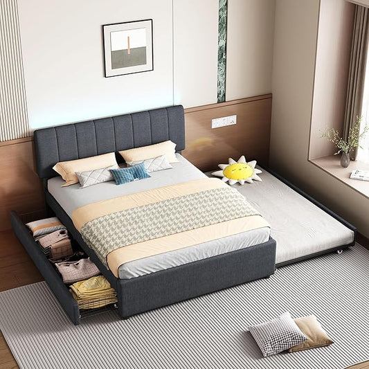 Full Size Upholstered Platform Bed with Trundle & 2 Drawers and 1 Sets of USB, Linen Fabric Full and Twin Double Bed w/LED Lights with APP for Bedroom,Dark Gray