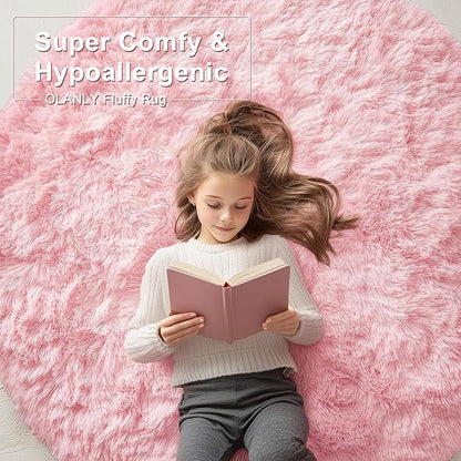 OLANLY Pink Round Rugs for Bedroom - Machine Washable, 3 ft Circle Area Rugs for Living Room, Soft and Fluffy Shaggy Carpet for Teen Girls and Boys, Nursery Rooms, Dorms, Home Decor Aesthetic