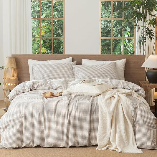 MooMee Gingham Duvet Cover Set 100% Washed Cotton Linen Like Textured Breathable Durable Soft Comfy Modern Checkered Design (Mini Gingham Tannish Linen Grey, Twin 68"x90")