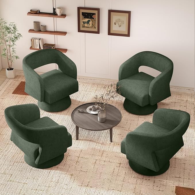 Swivel Accent Chair Set of 2, Modern Comfy Chenille Barrel Chairs, Oversized Upholstered Round Arm Chair for Living Room, Bedroom, Reading Room, Green