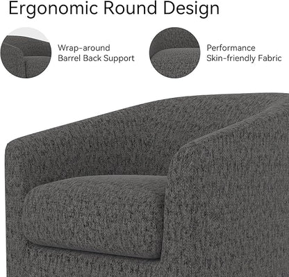 Swivel Barrel Accent Chair with Solid Wood Base, Round Fabric Living Room Arm Chairs, Modern Upholstered Comfty Reading Nook Chairs for Bedroom, Club Armchair, Single Sofa Side Chair, Grey