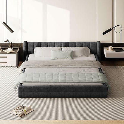 DEINPPA King Size Bed Frame with Cloud Soft Headboard, Chenille Upholstered Grounded Wood Base Bed Frame, No Box Spring Needed-Dark Grey
