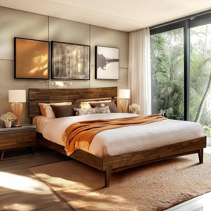 Acacia Aurora Bed Frame with Headboard Solid Wood Foundation, Queen Bed Frame, Contemporary Signature Solid Wood Foundation Compatible with All Mattress Types, Non-Slip and Noise-Free, Chocolate