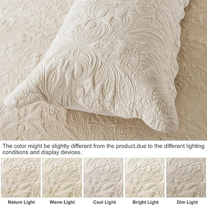 HoneiLife Quilt Set Queen Size - 3 Piece Embroidered Microfiber Bedspread Reversible Coverlet Lightweight Bedcover Paisley Pattern Bedding Set All Season Quilts-Khaki