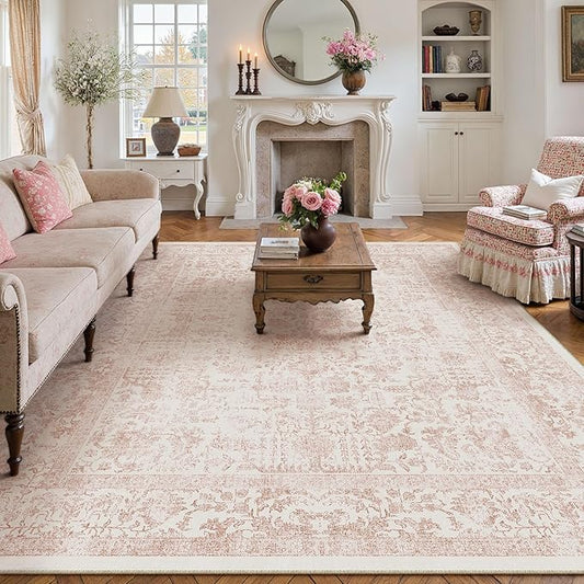 Pink Area Rug 8x10 Machine Washable Large Vintage Living Room Distressed Non Slip Carpet Traditional Indoor Bedroom Retro Floral Accent Throw Rug for Office Kitchen Dining Room