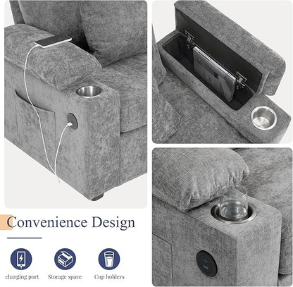SUNWAVE 58" Chaise Lounge Chair with Ottoman, Chenille Fabric Sofa Bed, Accent Chair with Cupholders & USB Charging Ports for Living Room, Bedroom, Apartment (1 Chaise Misty Gray)