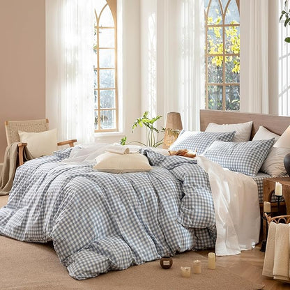 MooMee Gingham Duvet Cover Set 100% Washed Cotton Linen Like Textured Breathable Durable Soft Comfy Modern Checkered Design (Classic Gingham Cornflower Blue, Queen 90"x90")