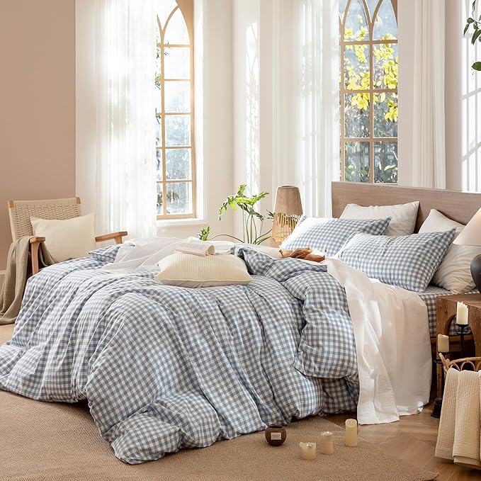 MooMee Gingham Duvet Cover Set 100% Washed Cotton Linen Like Textured Breathable Durable Soft Comfy Modern Checkered Design (Classic Gingham Cornflower Blue, Oversized Queen 98"x98")