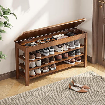 Shoe Rack Bench Seat Rubberwood 3-Tier Wooden Storage Bench 550lbs Compact Mid-Century Modern Design for Entryway, Hallway, Closet, Front Door Entrance, Foyer