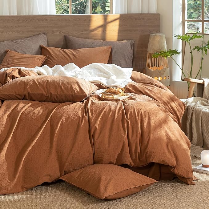 MooMee Wavy Striped Duvet Cover Set 100% Washed Cotton Linen Like Textured Breathable Durable Soft Comfy (Dark Orange, Palatial King/Oversized King 120"x98")