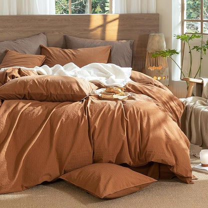MooMee Wavy Striped Duvet Cover Set 100% Washed Cotton Linen Like Textured Breathable Durable Soft Comfy (Dark Orange, Twin 68"x90")