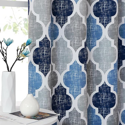 Beauoop 100% Blackout Curtains 72 Inches Long 2 Panels for Bedroom Living Room Blue Grey Moroccan Geo Room Darkening Thermal Insulated Soundproof Grommet Top Window Treatments Drapes, 50x72 Set of 2