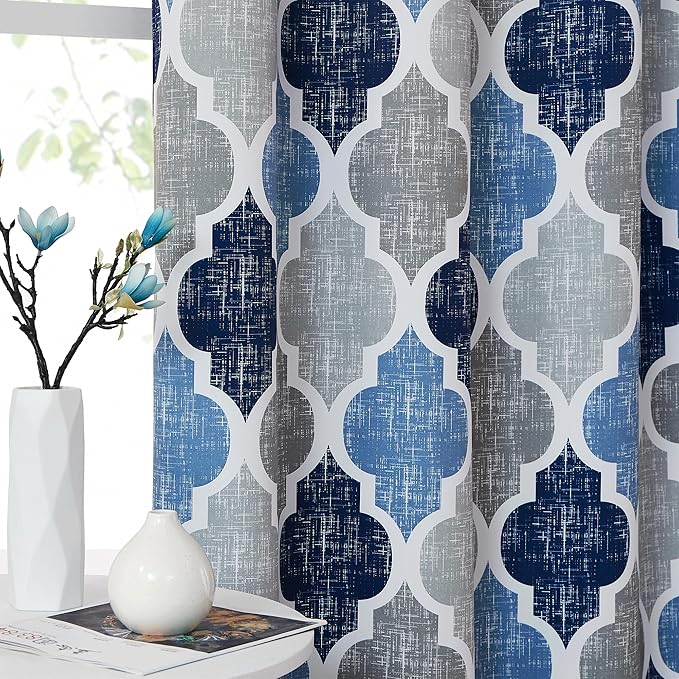 Beauoop 100% Blackout Curtains 84 Inches Long 2 Panels for Bedroom Living Room Blue Grey Moroccan Geo Room Darkening Thermal Insulated Soundproof Rod Pocket Back Tab Window Treatments Drapes, 50x84