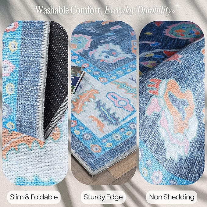 Fame Rugs Blue Modern Oushak Rug 5x7, Washable Vintage Turkish Colorful Oriental Antique Inspired Area Rugs, Luxury Living Room Bedroom (387BNB, 5' x 7')