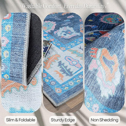 Fame Rugs Blue Modern Oushak Rug 9x12, Vintage Turkish Colorful Oriental Washable Antique Inspired Oversize Area Rugs, Luxury Living Room Bedroom (386PBL, 9' x 12) (387BNB, 9' x 12)