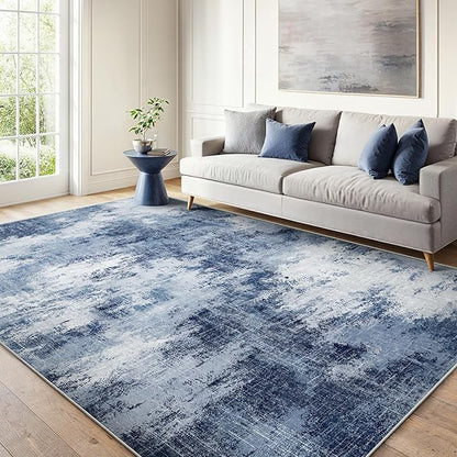 AMADA HOMEFURNISHING 5x7 Area Rugs for Living Room, Modern Abstract Washable Rug Neutral Soft with Non-Slip Backing & Low Pile Kids Rug for Resistant, Bedroom, Nursery Home Office, Dark Blue