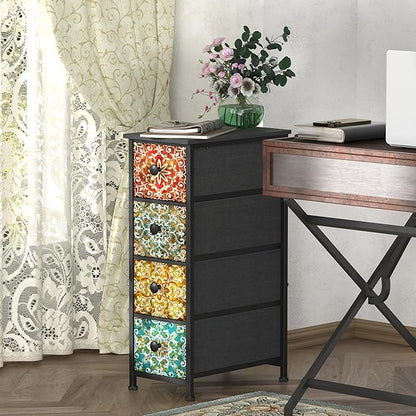 GiftGo Skinny Slim Dresser with Fabric Drawers Thin Boho Mandala Flower Chest of Drawers Narrow Storage Tower for Small Spaces Gaps Bedroom Beautiful Nightstand Living Room Table